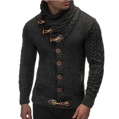 Men's Solid Slim Regular Cardigan Sweater Jumper Dark Gray Colored Turtleneck Long Sleeve