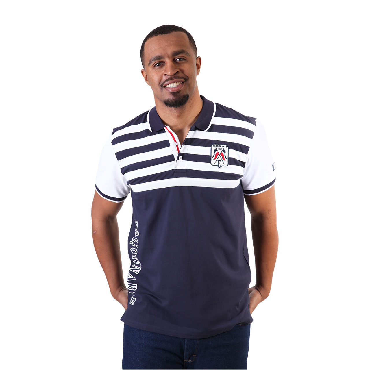 Regular Fit Solid Collar Mens Navy Blue And White Striped Polo Shirt