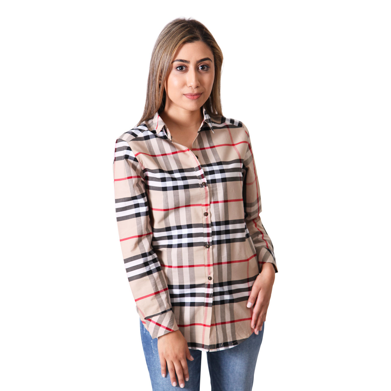 Women's Contrast Collar Vintage Check Cotton Multicolor Plaid Shirt Long Sleeve