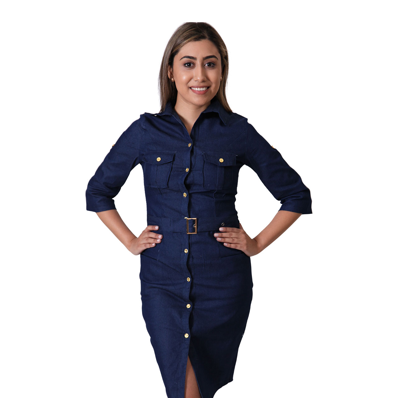 Women's Dark Royal Navy Blue Bodycon Dress 3/4 Sleeve Vintage Casual Collared Button Up Dress