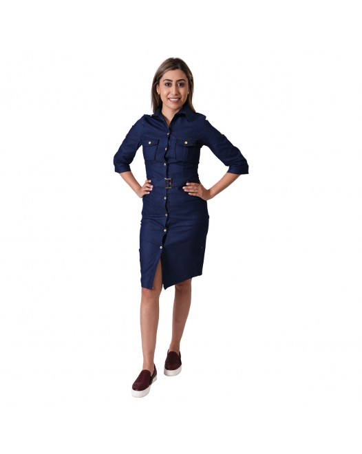Women's Dark Royal Navy Blue Bodycon Dress 3/4 Sleeve Vintage Casual Collared Button Up Dress