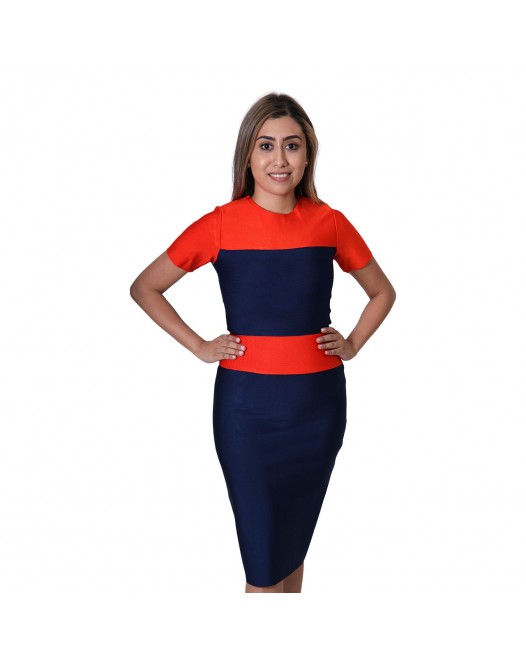 Double Shaded Plain Horizontal Multi Color Blue With Orange Striped Tape Length Short Sleeve Bodycon Dresses