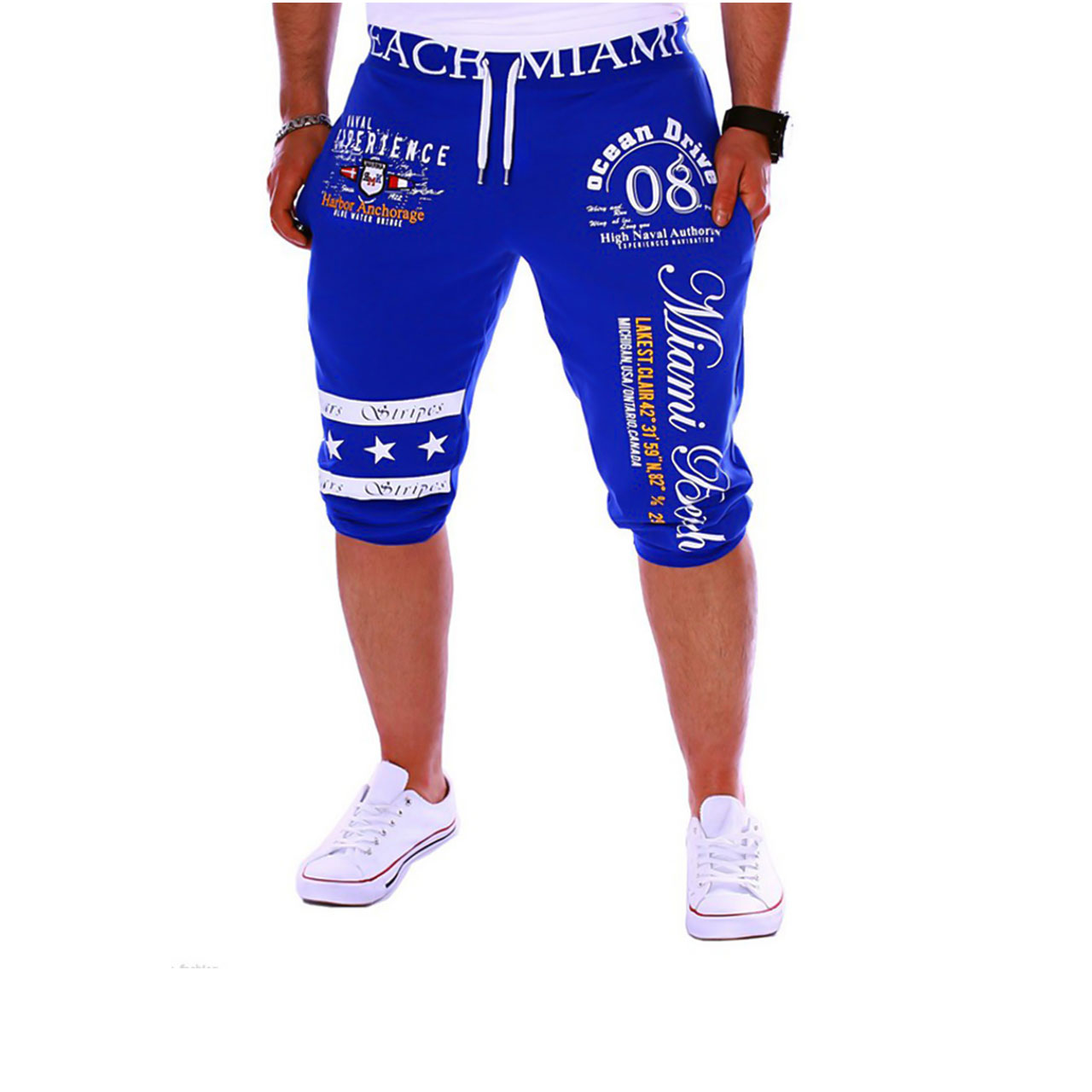 Men's Active Basic Weekend Loose wfh USA Sports Pants Sweatpants Shorts Letter Print Blue