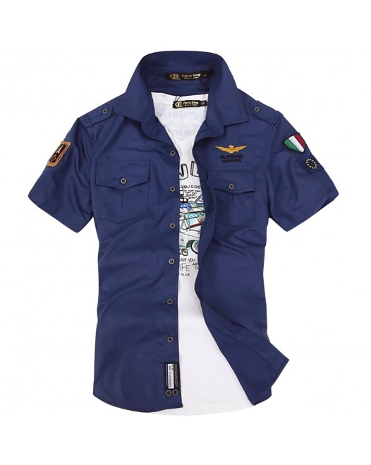 Men's Geometric Slim Fit Street Chic Military Daily Navy Blue Collar Shirts