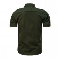 Solid Style Collared Button Up Slim Fit Short Sleeve Cotton Military Army Green Shirt Mens