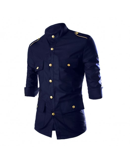 Men's Solid Colored Days Collar Military Cotton Shirt - Navy Blue