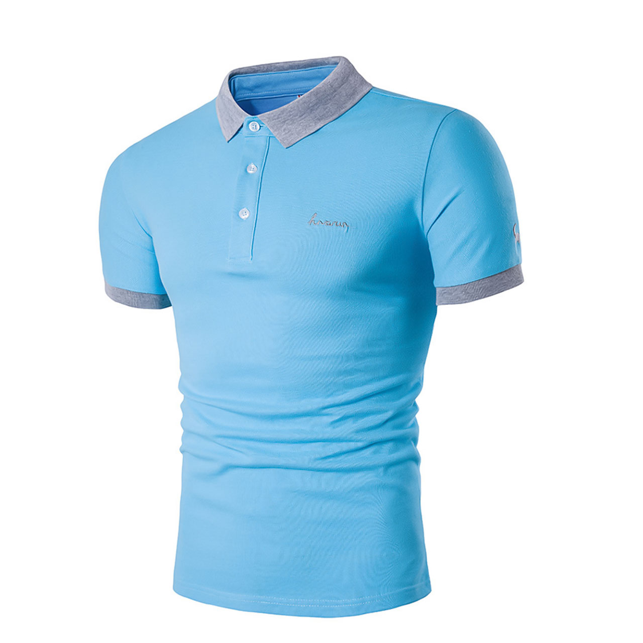 Solid Collared Active Cotton Daily Weekend Summer Slim Short Sleeve Light Blue Polo Shirt Men's 