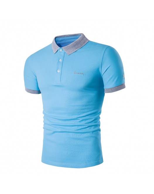 Solid Collared Active Cotton Daily Weekend Summer Slim Short Sleeve Light Blue Polo Shirt Men's 