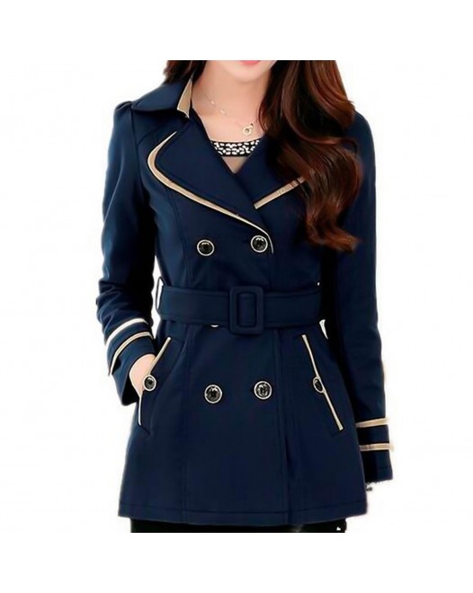 Women's Daily Spring Navy Blue Fold Over Collar Jacket Solid Colored Long Sleeve Trench Coat