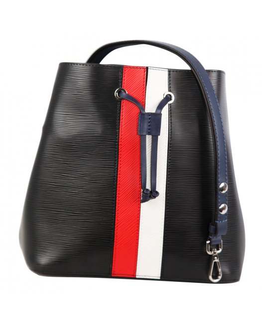 Women's Solid Black Bucket Tote Drawstring Shoulder Sling Luxury Zeekas Branded Bag With Red And White Horizontal Stripe Design