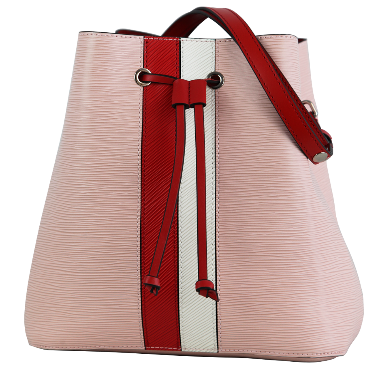 Zeekas Pink With Red And White Stripe Designer Leather Solid Tote Shoulder Strap Drawstring Bucket Sling Bag Pattern For Women