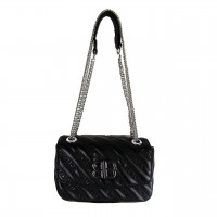 Real Leather Quilted Small Black Crossbody Purse With Leather And Silver Chain Strap For Women