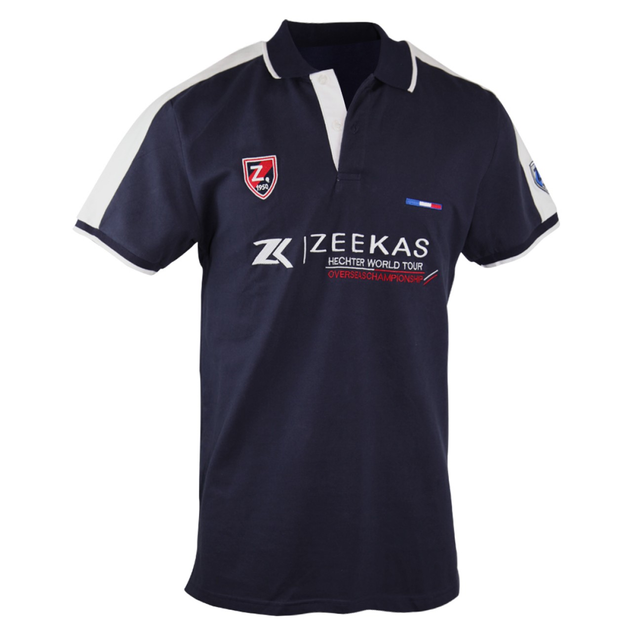 Zeekas White Stripe Pattern Mens Dark Navy Blue Polo T Shirt With Hechter World Tour Overseas Championship Print Design