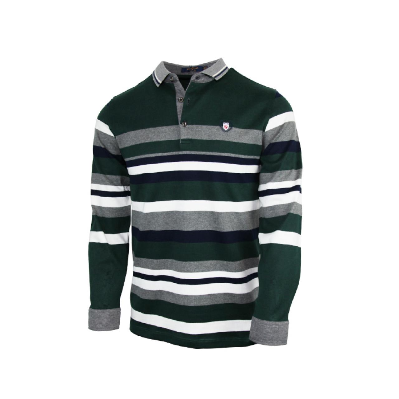 Men's Collared Long Sleeve Green Polo Shirt With Ash White Striped T Shirt