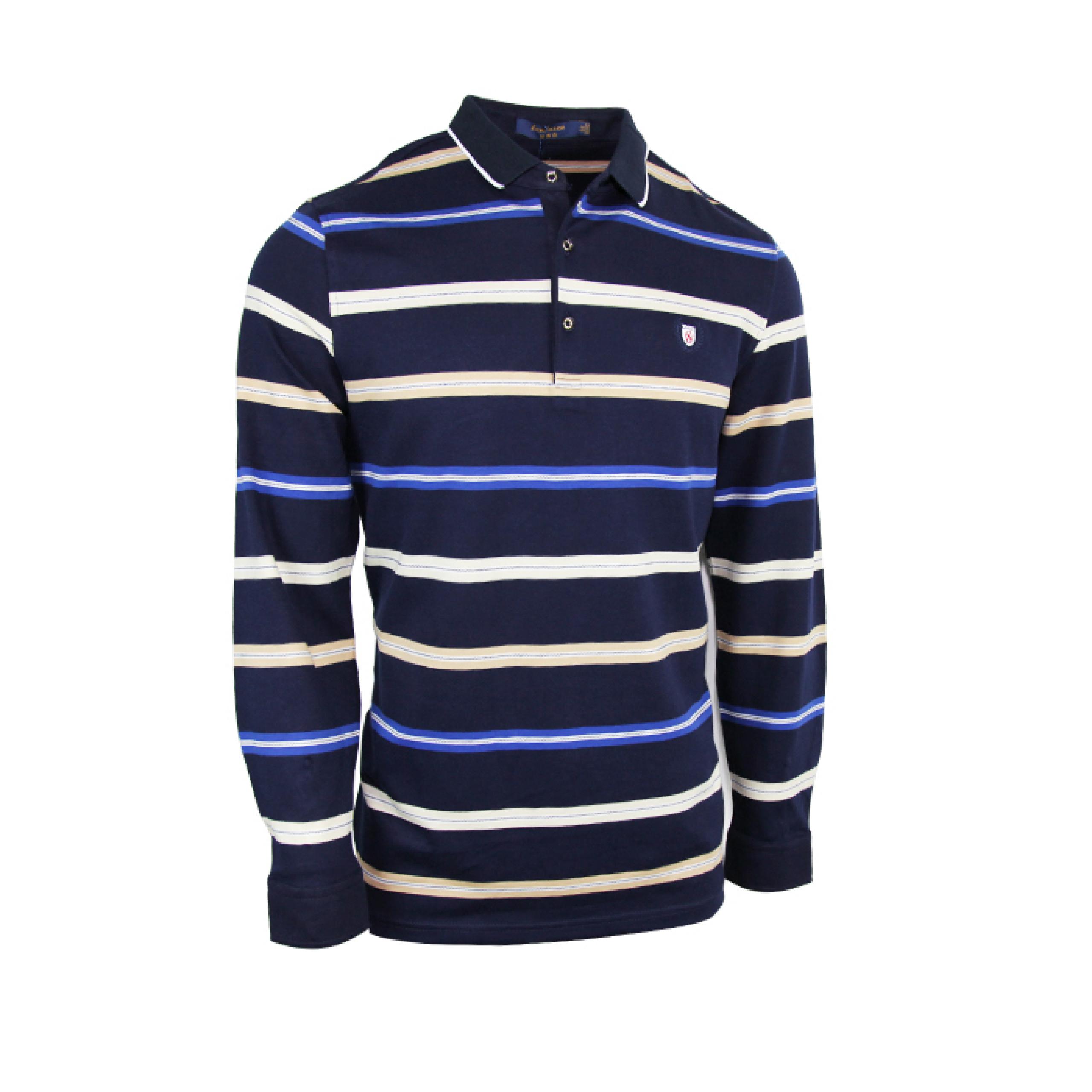 Dark Blue With White Strips Full Sleeve Polo Shirt Online In USA | Free ...