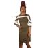 Women's Cold Shoulder Knee-Length Olive Green With White Flared Sleeve Bodycon Dress
