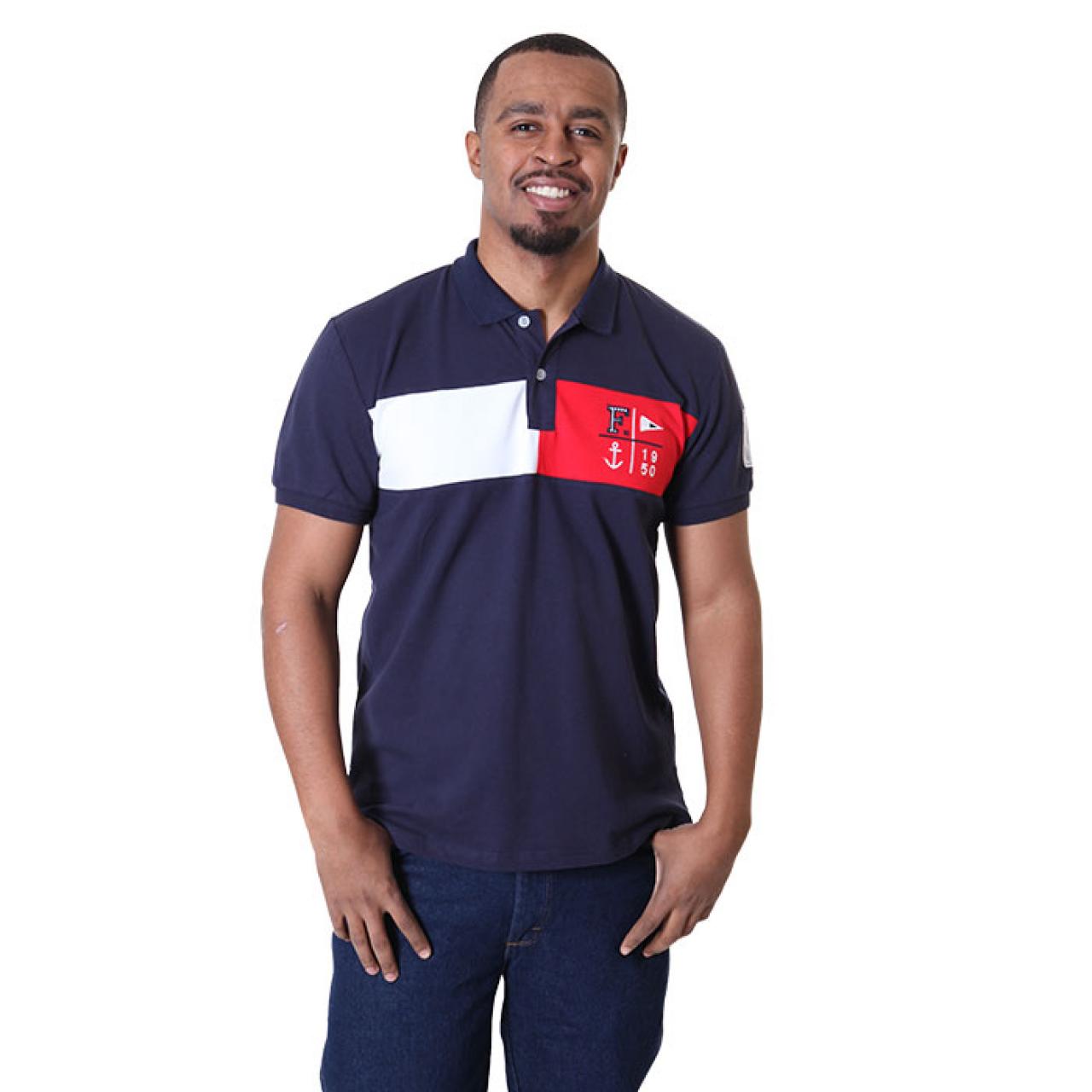 Men's Navy Blue Collared Neck Tees With Designer Patch At Chest