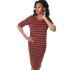 Women Long Sleeve Knitted Bodycon Brown With Black Horizontal Stripe Dress