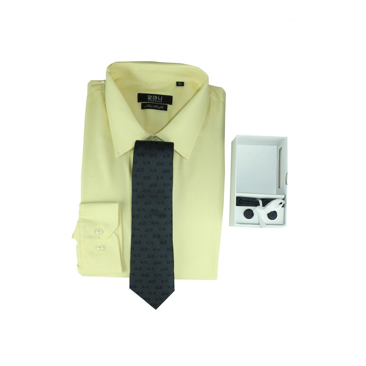VOGUE LIFE Formal Plain Collar Yellow Shirt Outfit Mens With Tie Set