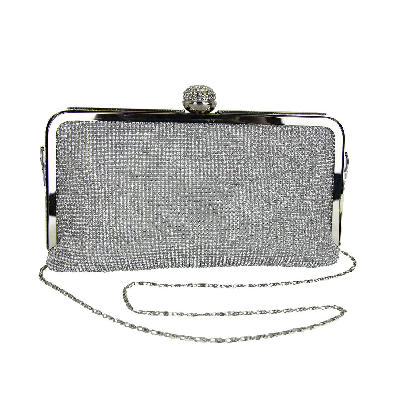 Women Silver Glitter Clutch Bag With Chain