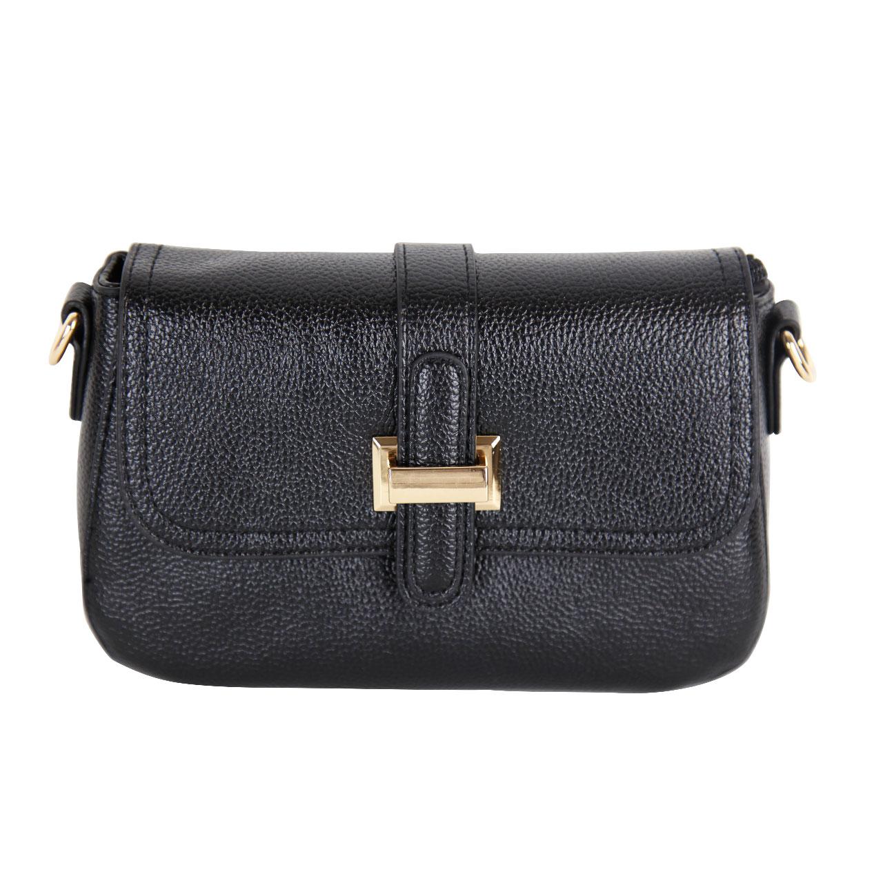 Front Flap Women's Black Crossbody Bag Leather With Gold Chain Leather