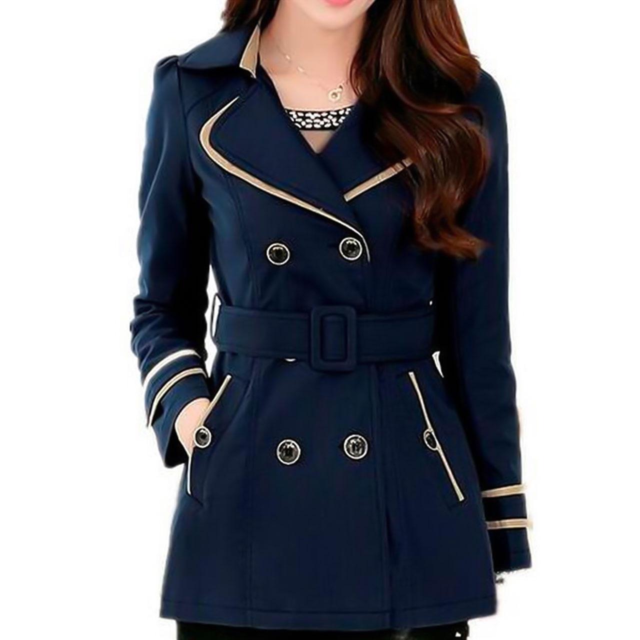 Daily Fold Over Collar Plain Navy Blue Spring Jacket Trench Coat Women Blue