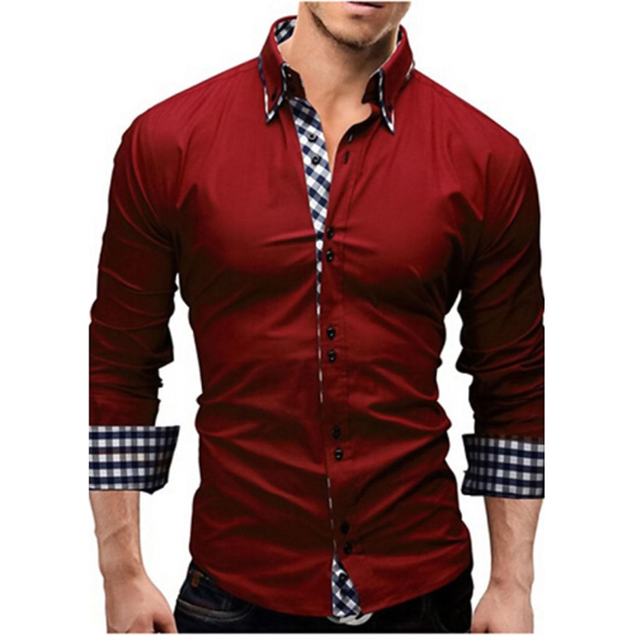 Men's Solid Business Daily Work Spread Collar Red Long Sleeve Shirt With Collar