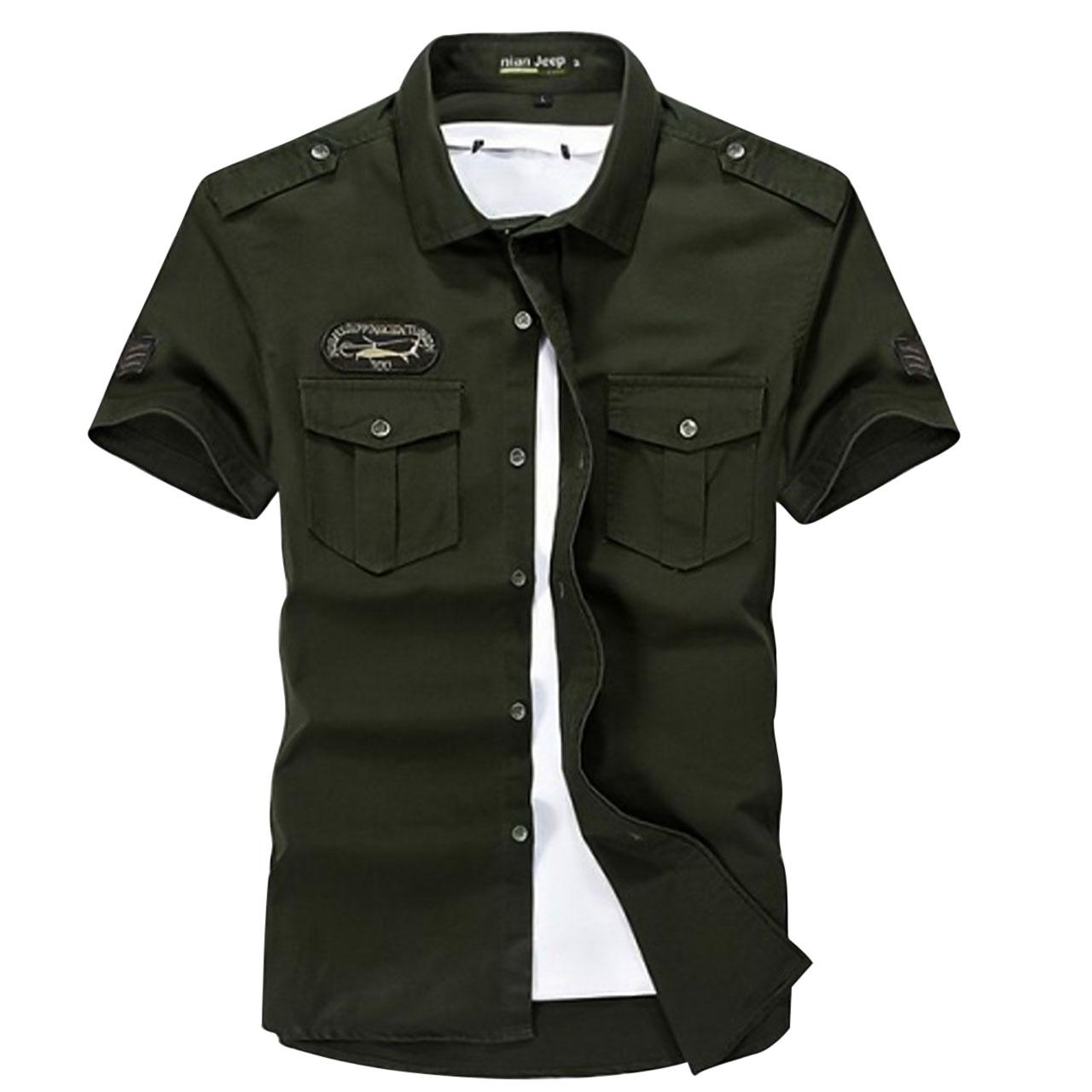 Solid Color Basic Short Sleeve Daily Slim Classic Collar Military Army Green Shirt For Men