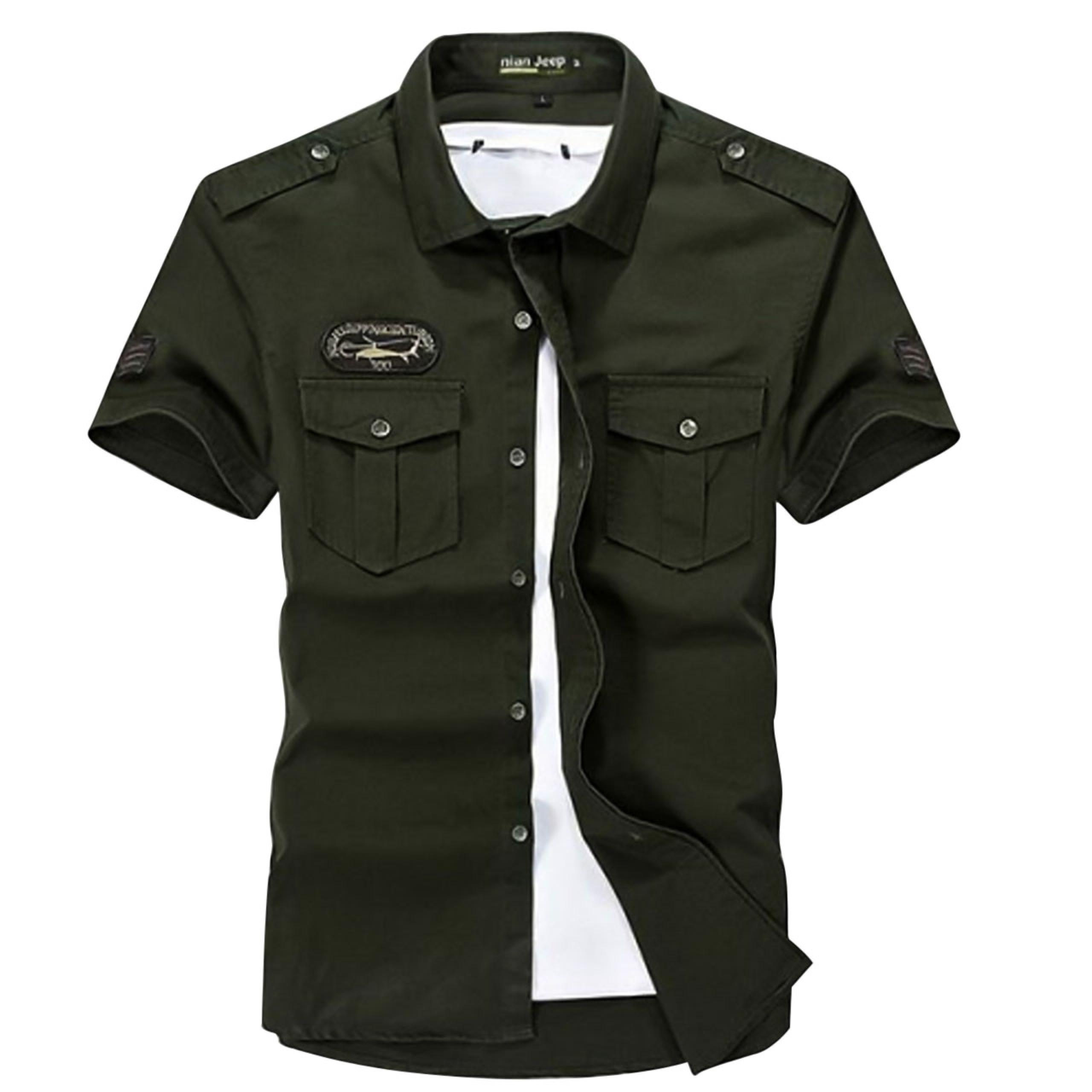 Solid Color Classic Collar Military Army Green Shirt For Men