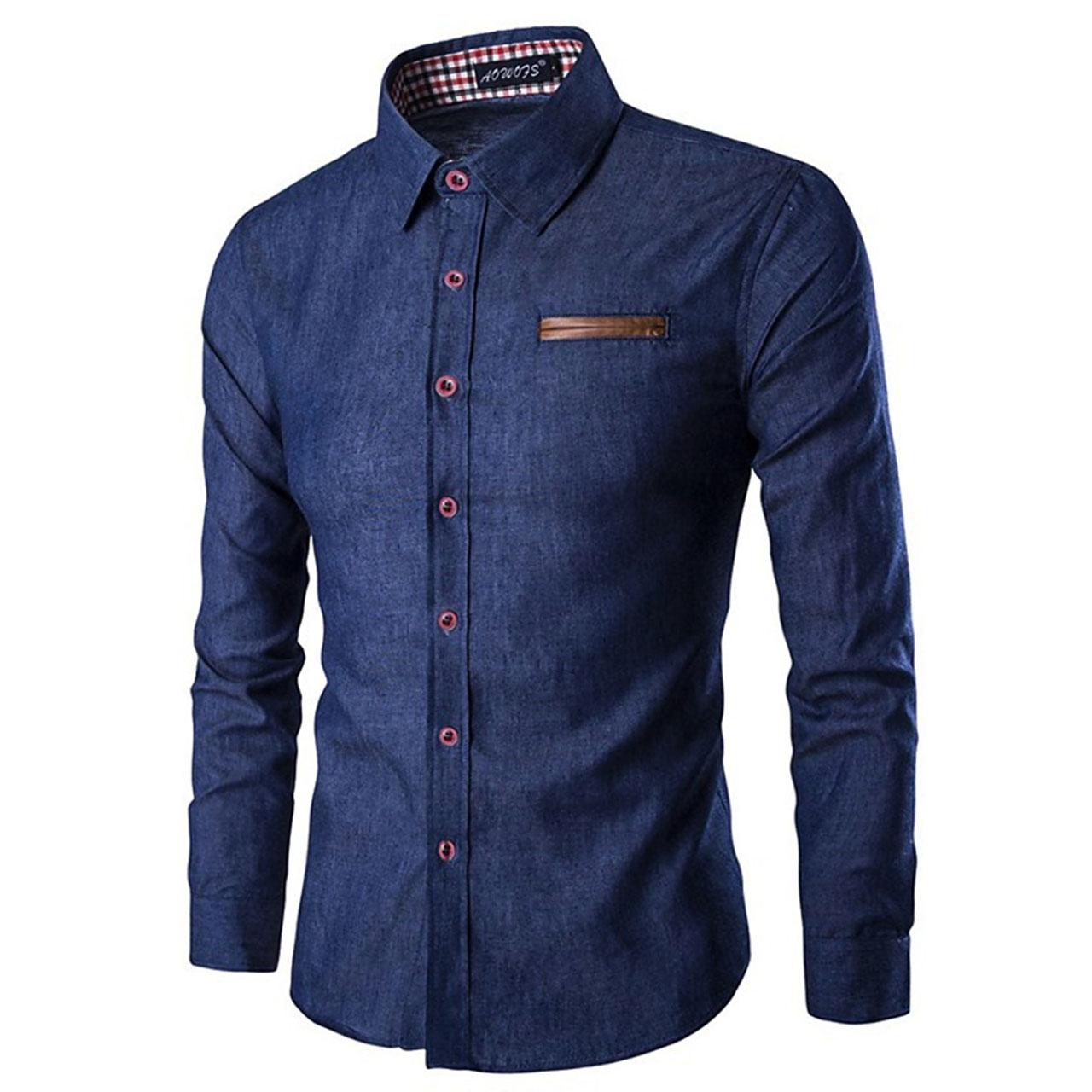 Mens Dark Blue Long Sleeve Holiday Solid Colored Shirt Work Outfit