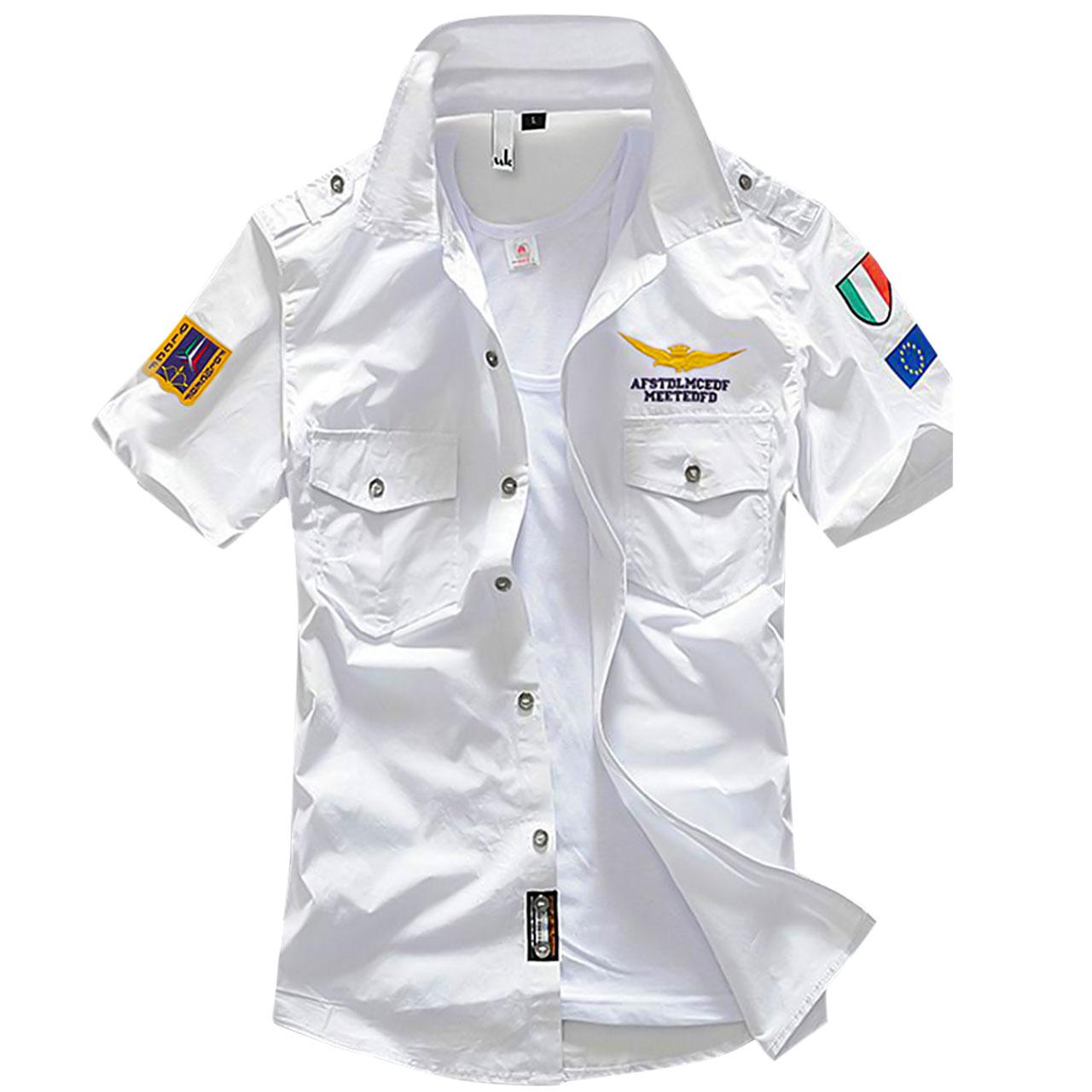 Geometric Style Cotton Short Sleeve Army White Military Shirt Mens